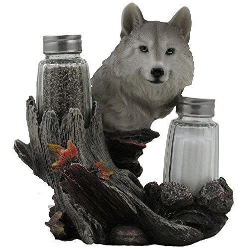 Decorative Gray Wolf Glass Salt and Pepper Shaker Set with Holder Figurine for Cabin and Rustic Lodge Restaurant Bar or Kitchen Table Decor Wildlife Animal Collectibles  Wolves Sculptures As Gifts