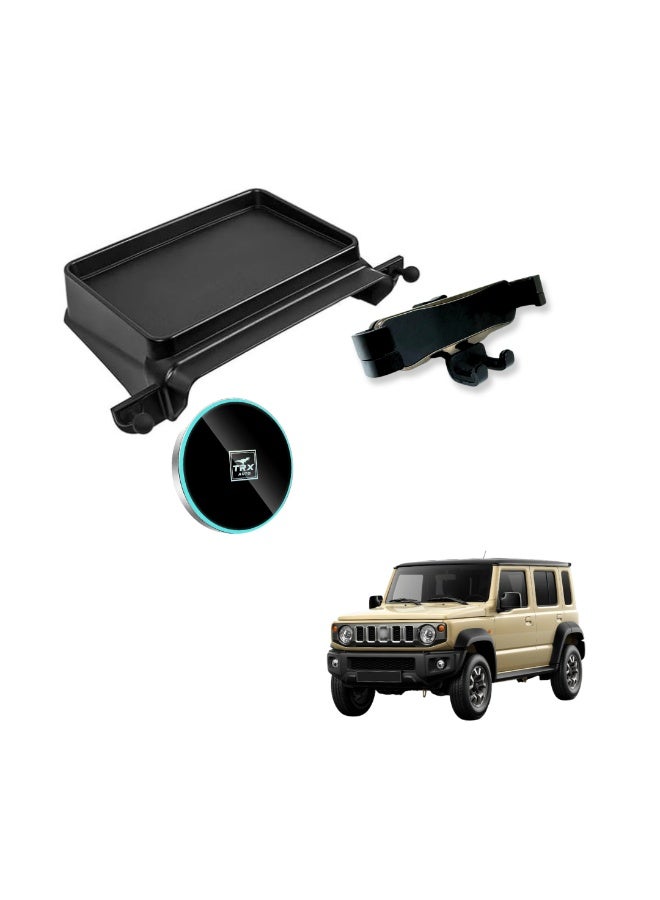  تي ار اكس اوتو صينية تخزين علوية لشاشة لوحة القيادة TRX AUTO لسوزوكي جيمني 2018-2026 | منظم حامل هاتف مزدوج مع شاحن لاسلكي مغناطيسي أيسر Q2 وحامل قابل للتعديل يمين | علبة منظم لوحة القيادة الداخلية للسيارة - Image 1