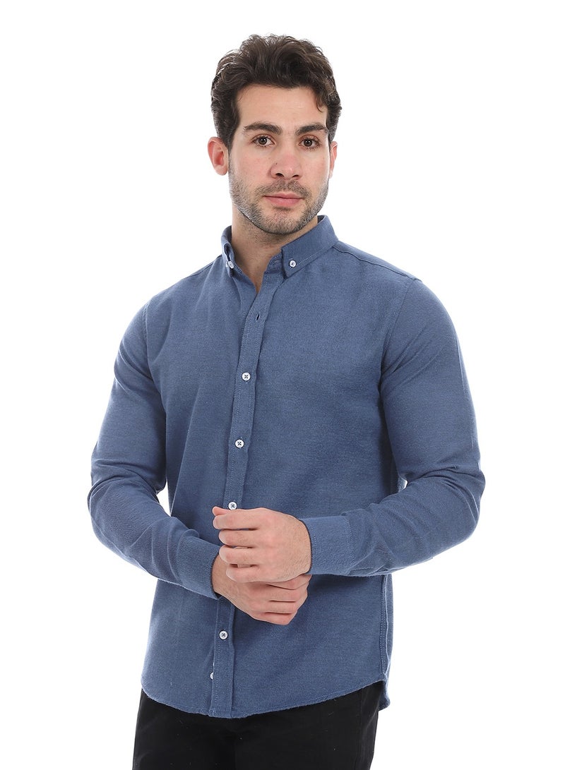 Andora Classic Heather Cotton Long Sleeve Shirt_Indigo - Image 2