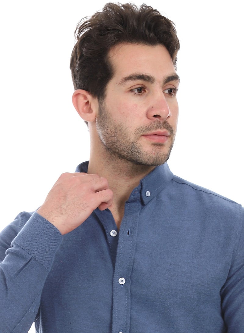 Andora Classic Heather Cotton Long Sleeve Shirt_Indigo - Image 4