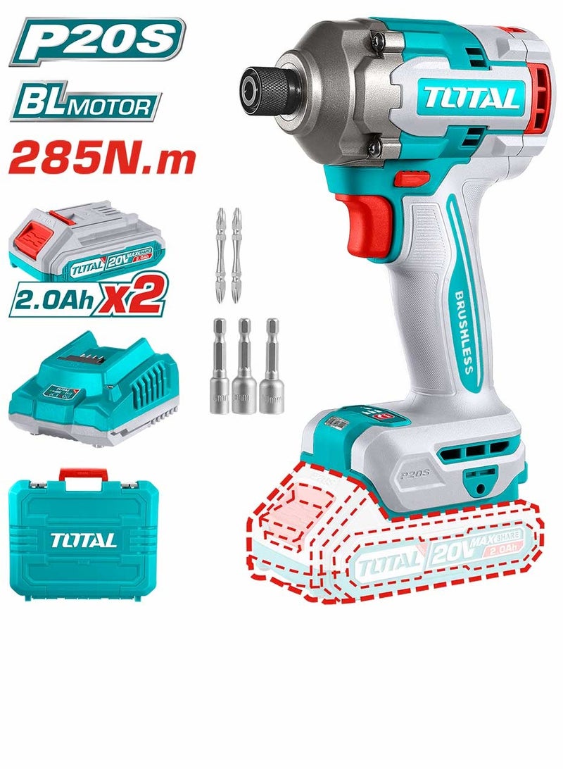 TOTAL Super Total 20V Cordless Impact Driver with Brushless Motor, 285Nm Torque, Integrated LED Light, 2x 2.0Ah Batteries, 0-2900bpm, Charger & Accessories  - Image 1