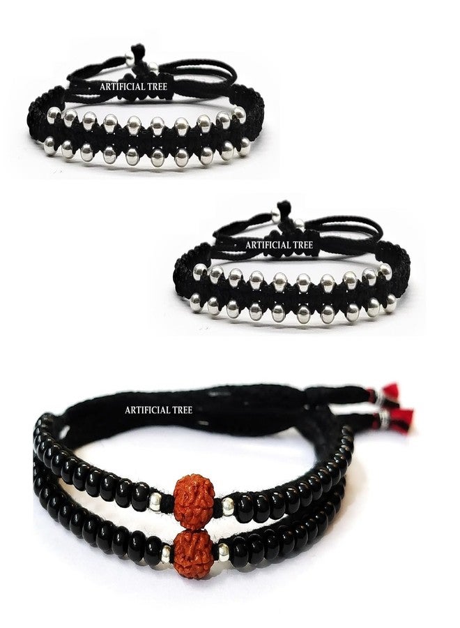 ARTIFICIAL TREE 1 Pair Rudraksha Black Thread Nazariya Bracelet | 1 Pair Ball Black Thread Nazariya Adjustable Bracelet | Nazar Battu | New Born Baby to 6 Year Kids | 4 Piece (AT BABY BRCT 0015) - Image 1