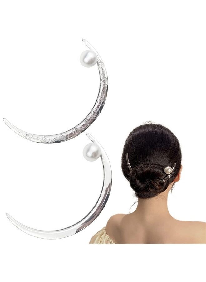 DonLeeving 2 PACK Moon Hairpin Flower Hair Stick Moon Barrette Crescent Moon Hair Fork White Pearl Moon Hair Clip Hair Accessories for Women Girl Bridal Headwear Hair Styling  - Image 1