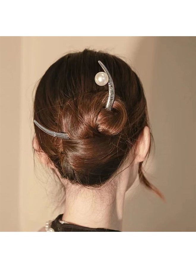 2 PACK Moon Hairpin Flower Hair Stick Moon Barrette Crescent Moon Hair Fork White Pearl Moon Hair Clip Hair Accessories for Women Girl Bridal Headwear Hair Styling