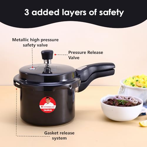 Wonderchef Taurus Hard Anodized Outer Lid Pressure cooker, 3 liter, Cool Touch Handles for Durability, Induction Friendly, Black, 5 year warranty, ISI Certified - Image 4