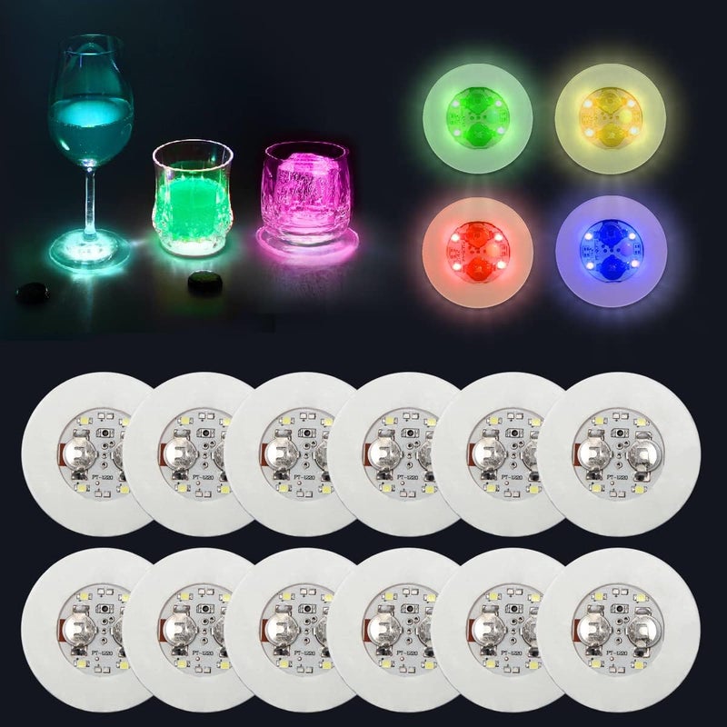 Ahier AHIIER 12 Pcs RGB Led Coasters Multicolor Led Bar Coaster with 7 Colors Bottle Lights and Sticker Lights for Party Wedding Bar - Image 1