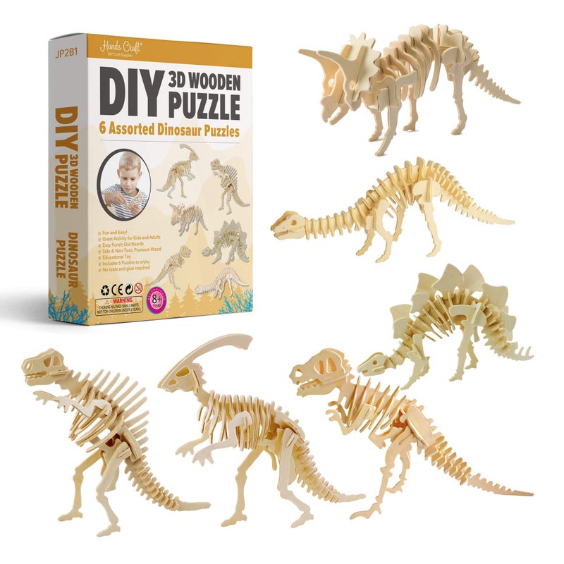 Hands Craft DIY 3D Wooden Puzzle â€“ 6 Assorted Dinosaur Bundle Pack Set Brain Teaser Puzzles Educational STEM Toy Adults and Kids to Build Safe and Non-Toxic Easy Punch Out Premium Wood JP2B1 - Image 1