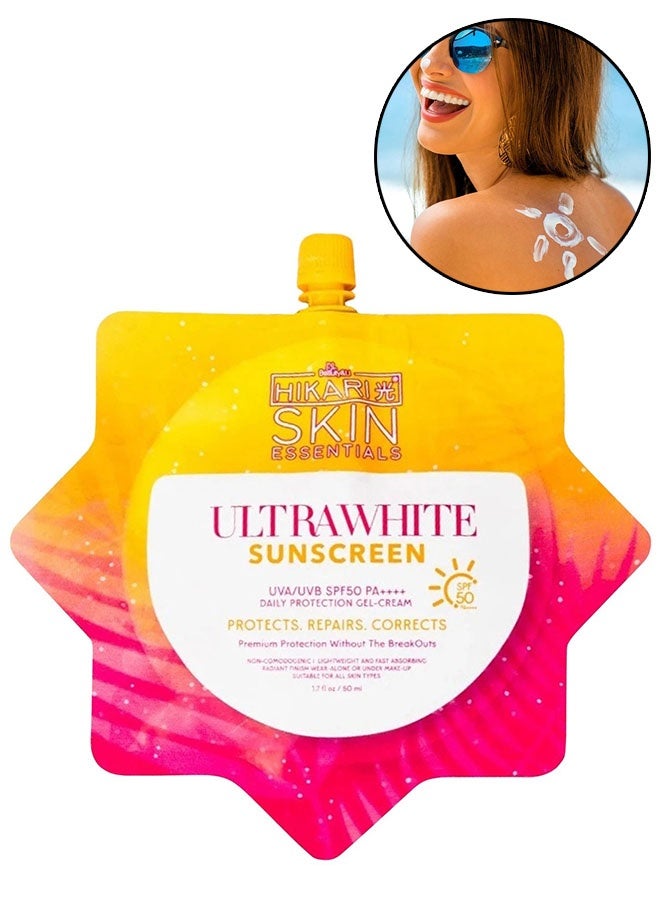Hikari Ultrawhite Sunscreen 50ml, UVA/UVB SPF50 PA++++ Daily Protection Gel Cream, Whitening, Waterproof and Fast Absorbing Sun Cream, Lightweight Moisturizing Gel - Image 1