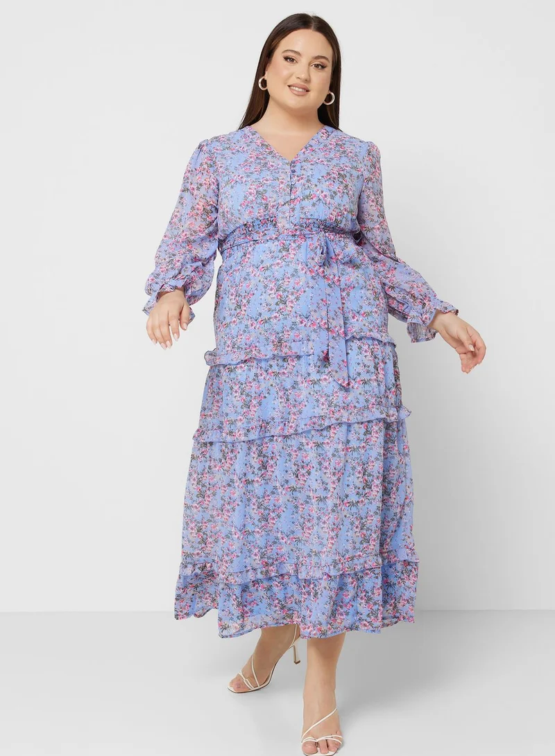 Ella Plus Printed Frill Hem Tiered Dress