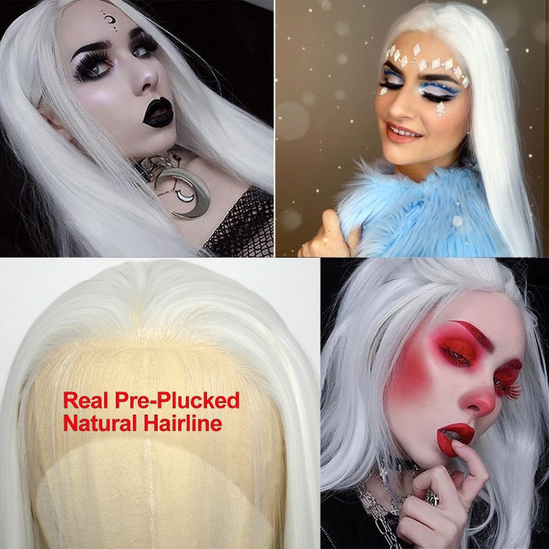 BLUPLE Long Straight Lace Front Wigs #1001 Platinum White Natural Heat Resistant Synthetic Hair Half Hand Tied Wigs for Cosplay Daily Wear (22 inches, Straight,White) - Image 3