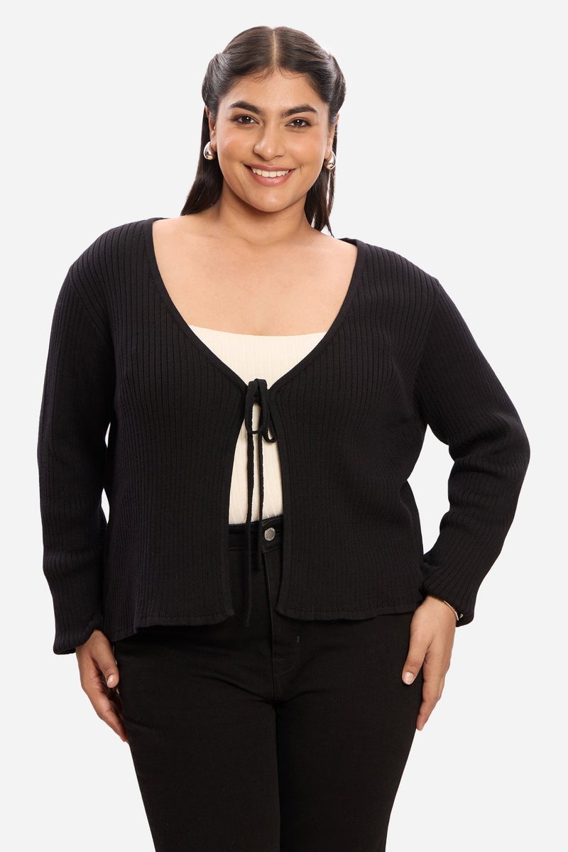 Virgio Solid Cottton Front Tie Plus Size Shrug for Women - Image 1