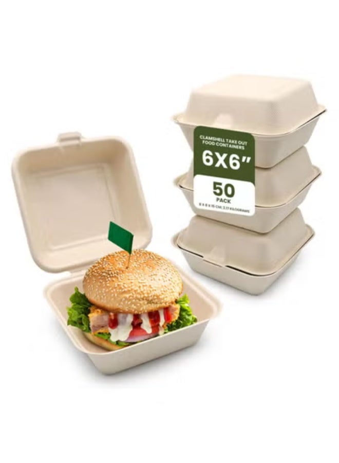 6 INCH FOOD BOX CONTAINER MADE WITH BAGASSE SUGAR CANE FIBERS FOR MEALS & DESSERT, TAKE AWAY CONTAINER, DISPOSABLE, ECO-FRIENDLY, COMPOSTABLE, RESTAURANTS - PACK OF 50, WHITE