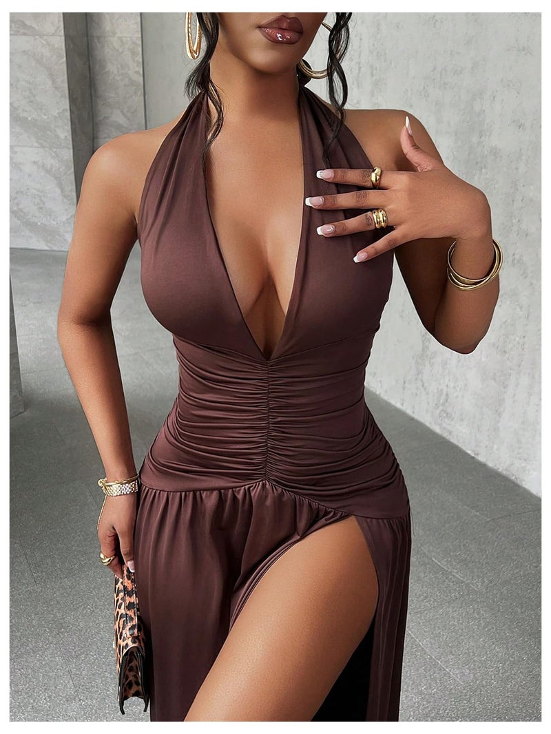SweatyRocks Women's High Slit Ruched Sheer Sleeveless Low Cut Halter Maxi Dresses Brown Large - Image 4