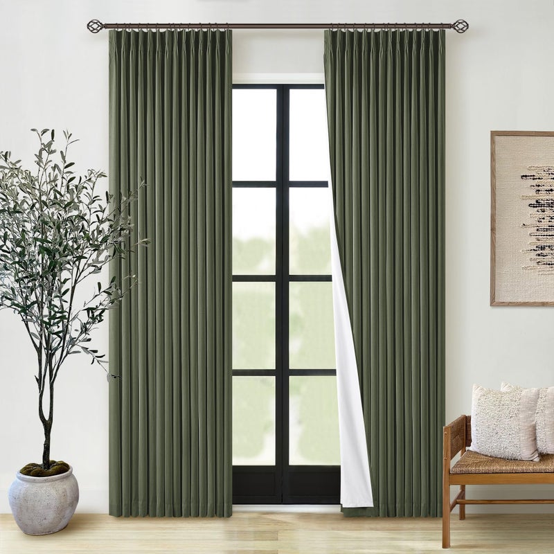 TWODRAPES Olive Green Pinch Pleated 100% Blackout Linen Curtains for Bedroom 84 Inch Length Room Darkening with Liner Dark Green Window Curtains 84 Inches Long for Living Room Black Out Pleat Drapes Back Tab - Image 1