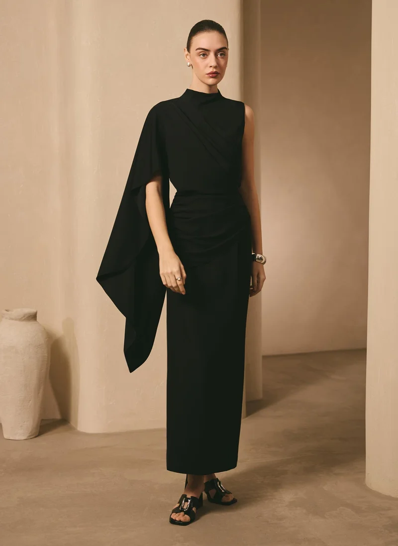 Maxi dress with one-shoulder draping