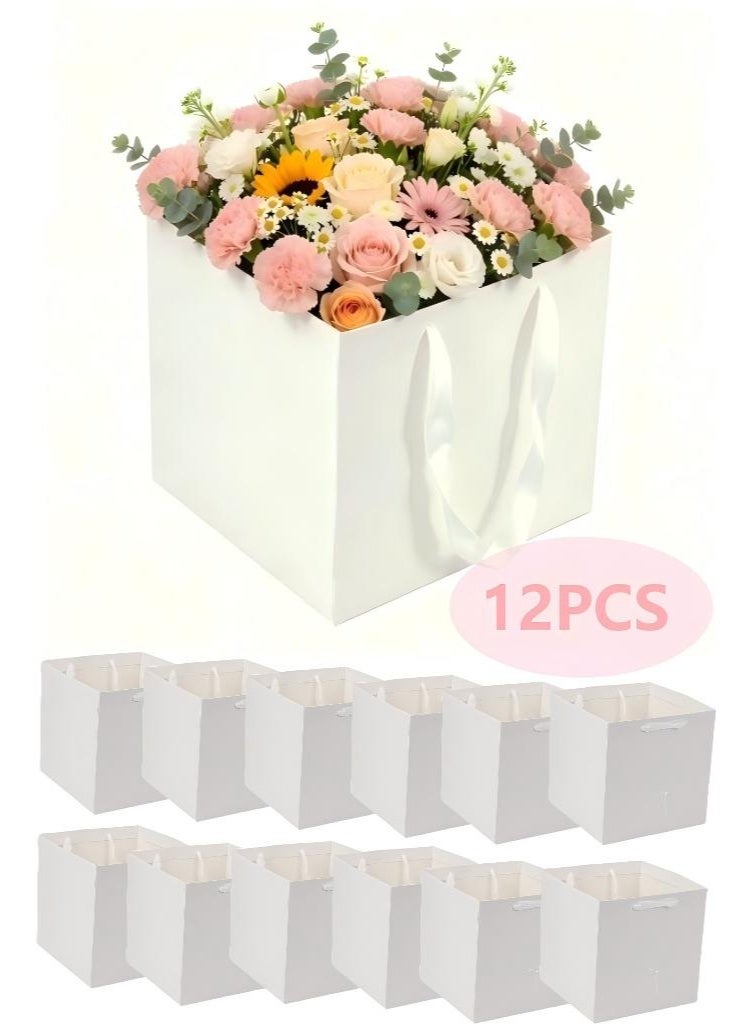 12 PCS 25cm White Square Gift Bags, Reusable Present Bags, Party Favor Bags, Wrapping Carry Bags, Portable Square Packaging Bags for Flower Bouquet, Holiday, Wedding, Birthday, Celebration - Image 2