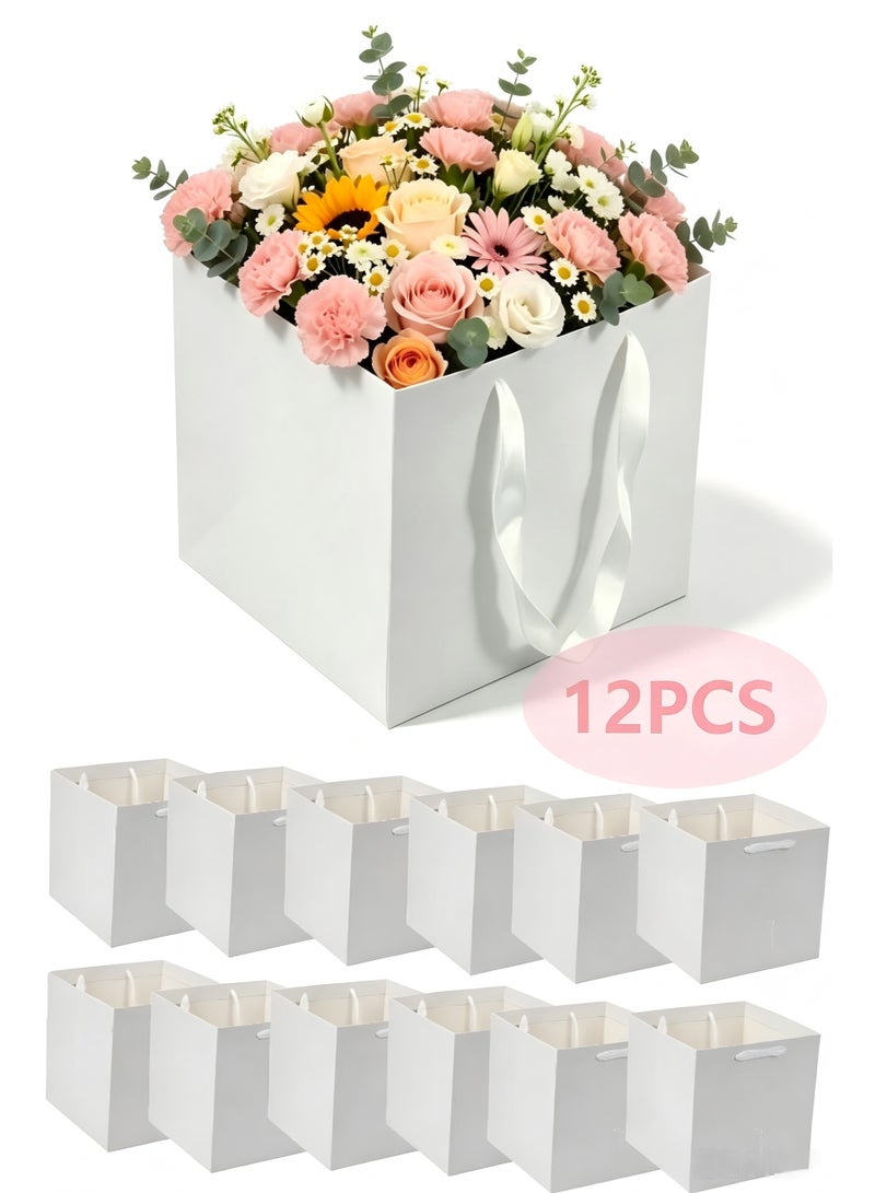 12 PCS 25cm White Square Gift Bags, Reusable Present Bags, Party Favor Bags, Wrapping Carry Bags, Portable Square Packaging Bags for Flower Bouquet, Holiday, Wedding, Birthday, Celebration - Image 1