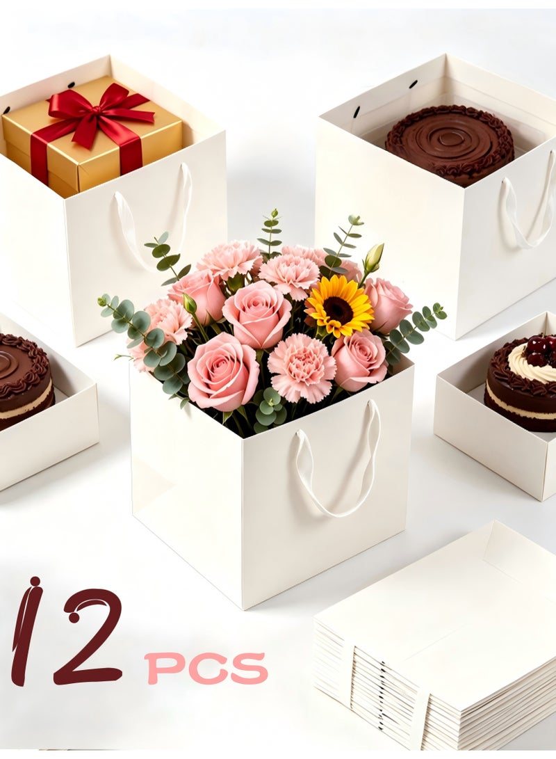 12 PCS White Gift Bags 25cm, Reusable Present Bags, Party Favor Bags, Wrapping Carry Bags, Portable Square Packaging Bags for Flower Bouquet, Holiday, Wedding, Birthday, Celebration - Image 1
