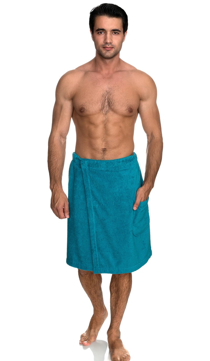 TowelSelections Mens Shower Wrap Adjustable Cotton Terry Bath Gym Cover Up with Snaps Small/Large Algiers Blue - Image 1