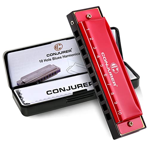 CONJURER Mouth Organ Key of C, 10 Hole 20 Tone Stanadard Diatonic Blues Harmonica with Case, Harp for Beginner, Adult, Kids, Professional, Students, Friends, Gifts - Image 1