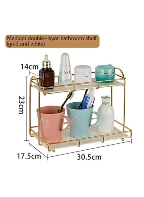 رف منظم متعدد الاستخدام رف تخزين للحمام والشامبو والصابون والمكياج ومستحضرات التجميل وكافة الاغراض رف ومنظم تخزين من طبقتين بلون (ابيض وذهبي)
