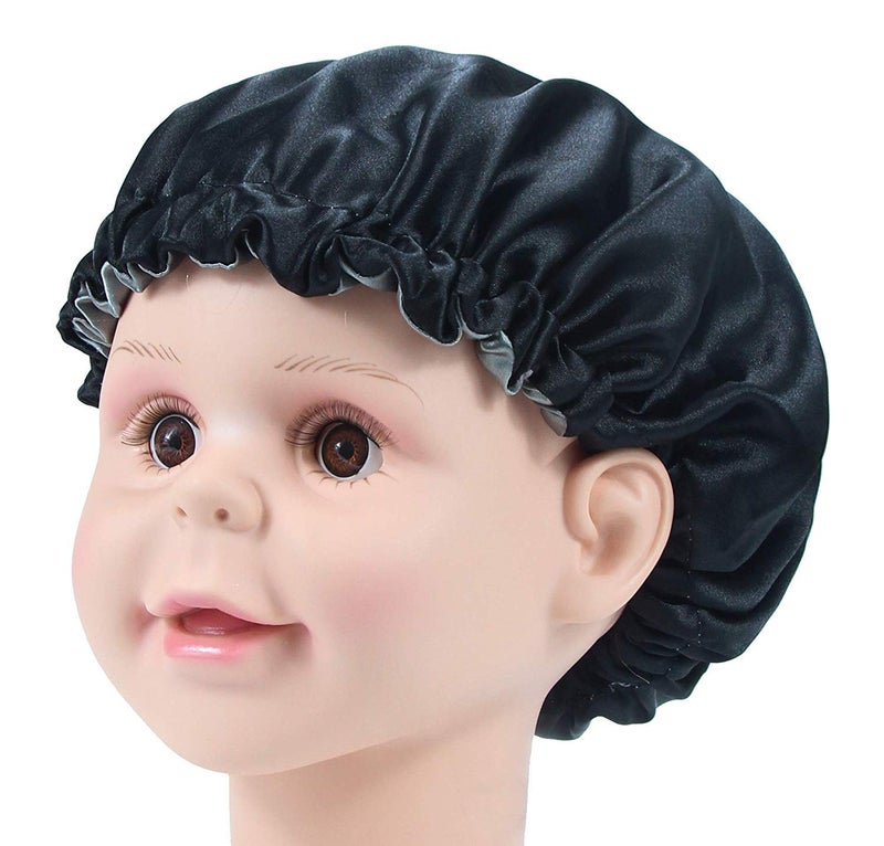 DEHMAN Kids Satin Bonnet Sleeping Cap Hair Bonnet Double Layered Adjustable Reversible Silky Night Hat for Natural Hair Teens Toddler Child Baby (Black - Silver) - Image 2
