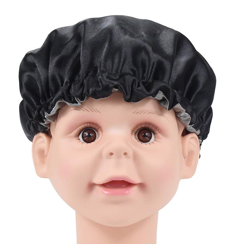 DEHMAN Kids Satin Bonnet Sleeping Cap Hair Bonnet Double Layered Adjustable Reversible Silky Night Hat for Natural Hair Teens Toddler Child Baby (Black - Silver) - Image 1
