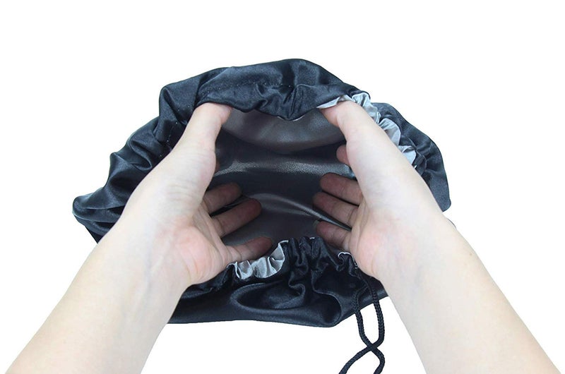 DEHMAN Kids Satin Bonnet Sleeping Cap Hair Bonnet Double Layered Adjustable Reversible Silky Night Hat for Natural Hair Teens Toddler Child Baby (Black - Silver) - Image 5