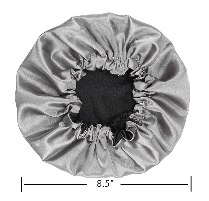 DEHMAN Kids Satin Bonnet Sleeping Cap Hair Bonnet Double Layered Adjustable Reversible Silky Night Hat for Natural Hair Teens Toddler Child Baby (Black - Silver) - Image 4