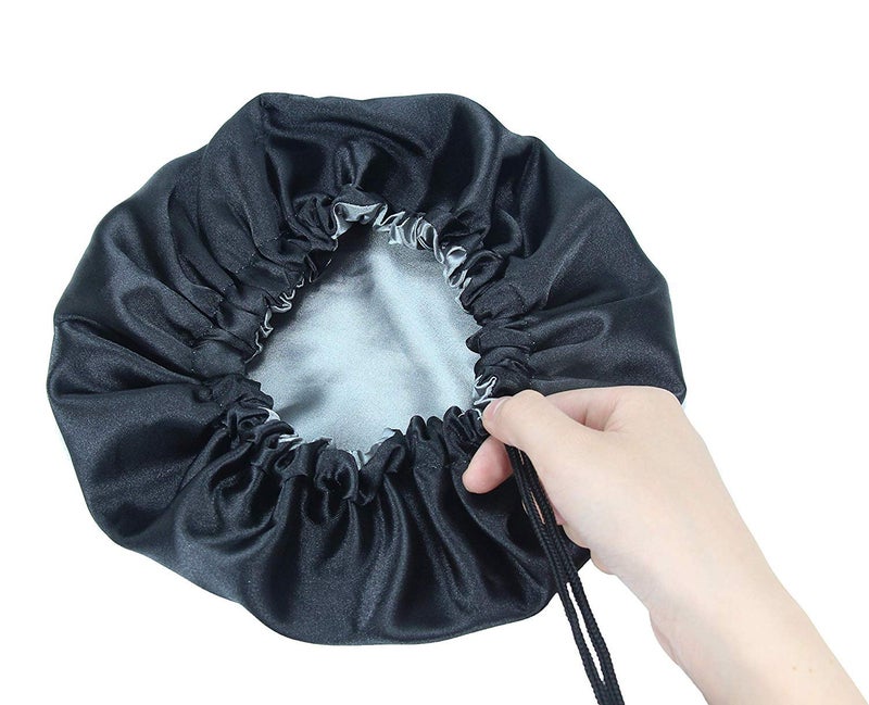DEHMAN Kids Satin Bonnet Sleeping Cap Hair Bonnet Double Layered Adjustable Reversible Silky Night Hat for Natural Hair Teens Toddler Child Baby (Black - Silver) - Image 3