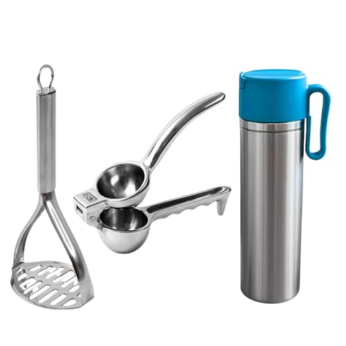 SUPERMOM Kitchen Accessories Item – Stainless Steel Potato Masher, Aluminum Lemon Squeezer, Stainless Steel Oil Pourer Bottle with Flip Lid & Handle 1000 ml, Durable Accessories Combo (Pack of 3) - Image 1
