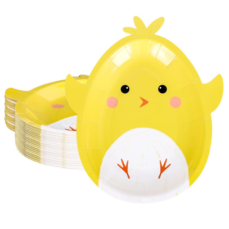 Whaline أطباق ورقية على شكل دجاجة صفراء كرتونية من واهلين - أطباق قابلة للتصرف 9 إنش لمستلزمات حفلات عيد الفصح لعيد الميلاد وحفلات استقبال المواليد ومستلزمات الطاولة في المزرعة 24 قطعة 7.6 × 9.1 إنش - Image 1