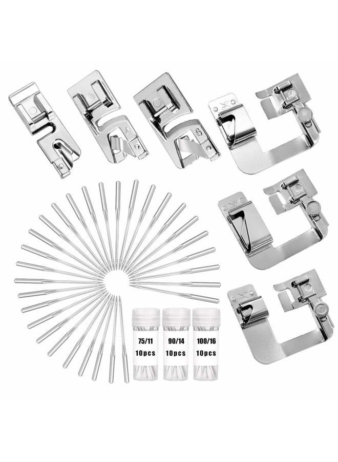 LUNARM 6 Pcs Hemming Foot Kit - 3 Pcs Narrow Rolled Hem Sewing Machine Presser Foot, 3 Pcs Wide Hem Presser Foot and 30 Pcs Sewing Machine Needles, for Household Multi-Function Sewing Machines - Image 1