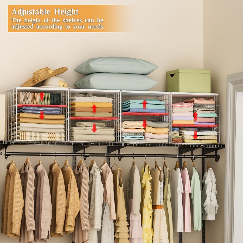 Huxitocan 4-Tier Stackable Closet Organizers and Storage Shelves, Closet Storage Basket with Wood Tops, Adjustable Height Dividers Closet Storage Bins for Home Closet Organizer System, White - Image 3