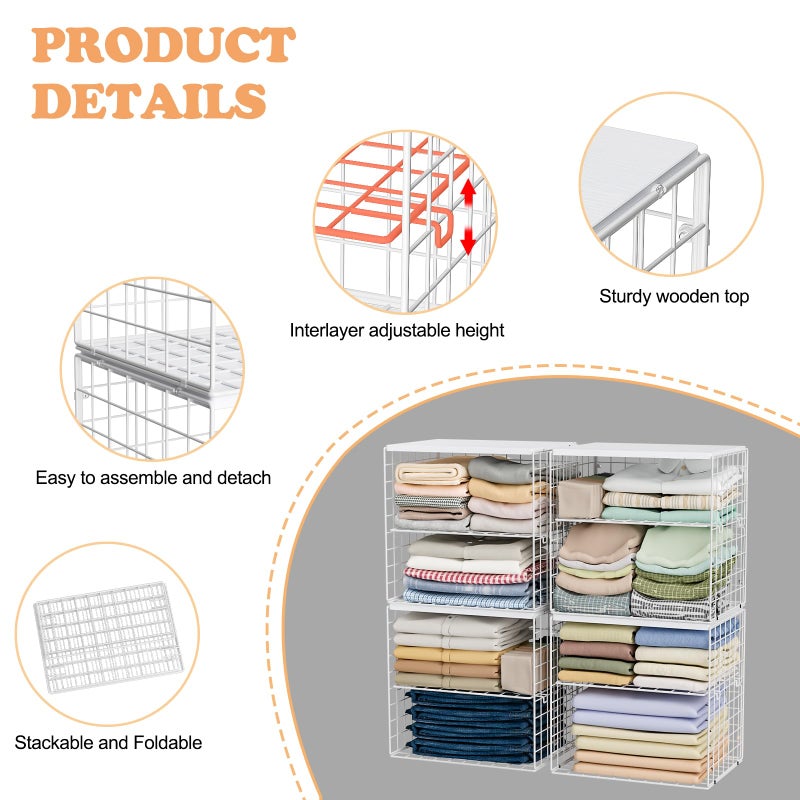 Huxitocan 4-Tier Stackable Closet Organizers and Storage Shelves, Closet Storage Basket with Wood Tops, Adjustable Height Dividers Closet Storage Bins for Home Closet Organizer System, White - Image 2