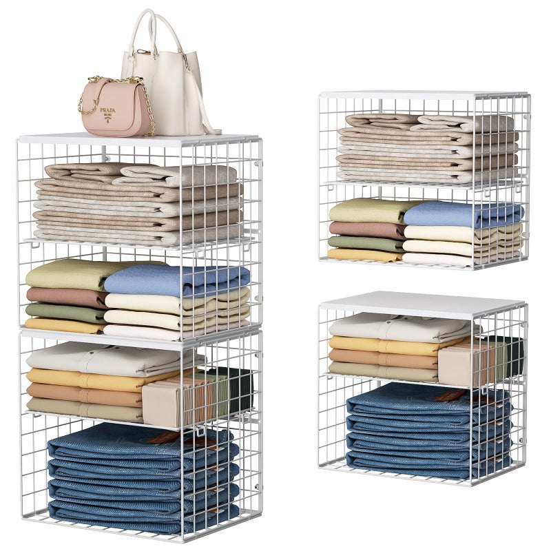 Huxitocan 4-Tier Stackable Closet Organizers and Storage Shelves, Closet Storage Basket with Wood Tops, Adjustable Height Dividers Closet Storage Bins for Home Closet Organizer System, White - Image 1
