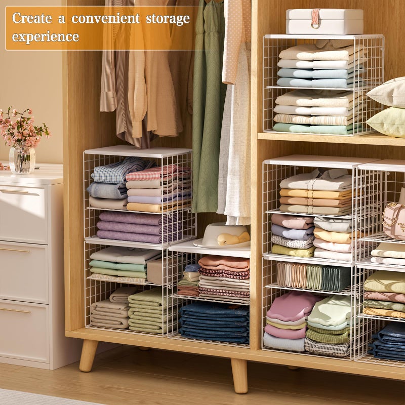 Huxitocan 4-Tier Stackable Closet Organizers and Storage Shelves, Closet Storage Basket with Wood Tops, Adjustable Height Dividers Closet Storage Bins for Home Closet Organizer System, White - Image 5