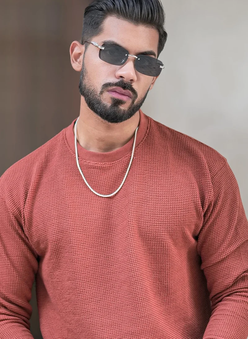 Maniac Maniac Mens Solid Textured Round Neck Full Sleeve Rust Cotton Sweatshirt