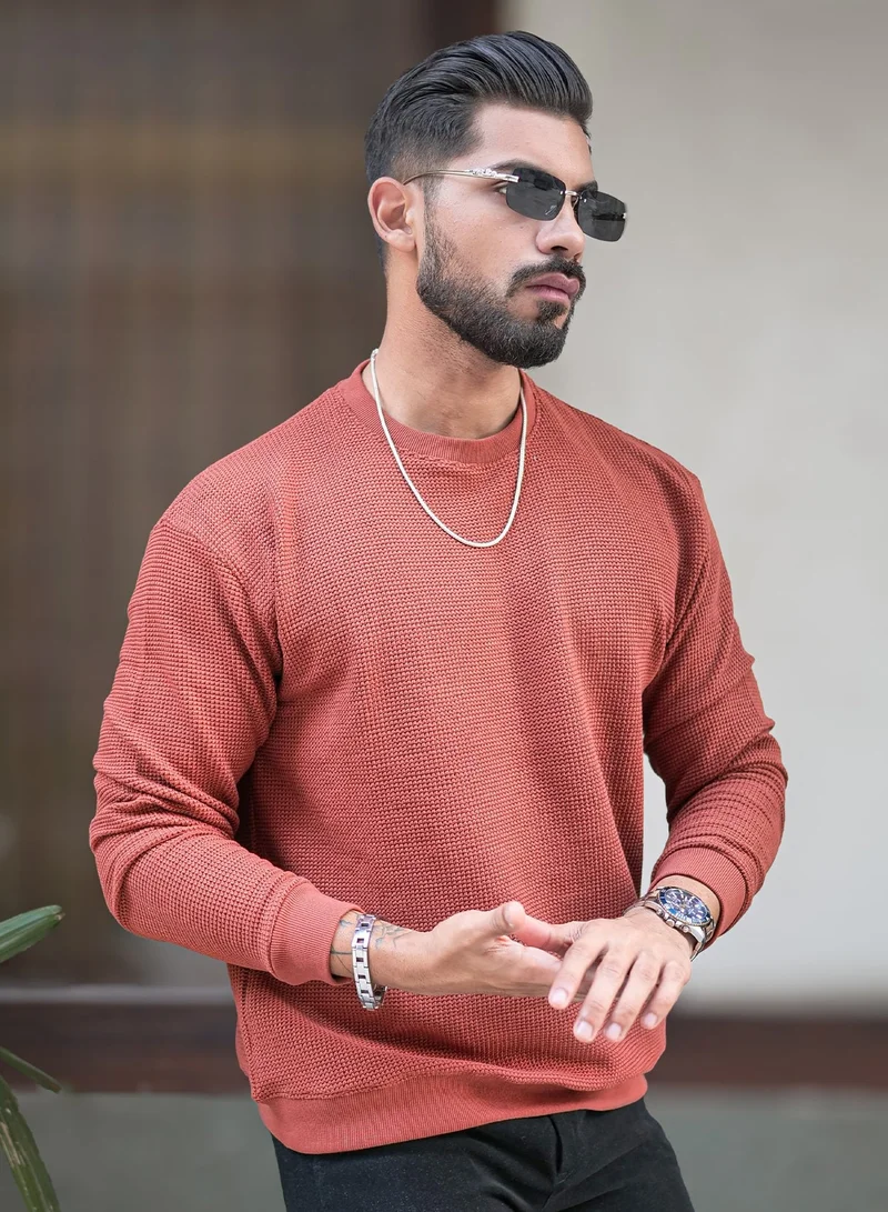 Maniac Maniac Mens Solid Textured Round Neck Full Sleeve Rust Cotton Sweatshirt