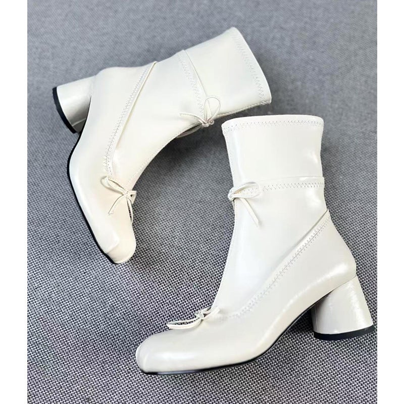 Women's White Round Toe Casual Boots with Block Heel - Image 5