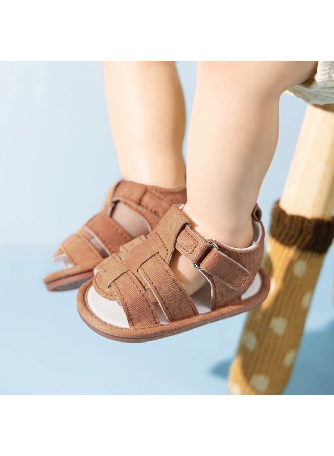 Meckior Summer Baby Sandals Newborn Infant Boys Soft sole Non-Slip First Walkers Shoes, A/Brown With Rubber Sole, 12-18 Months - Image 2