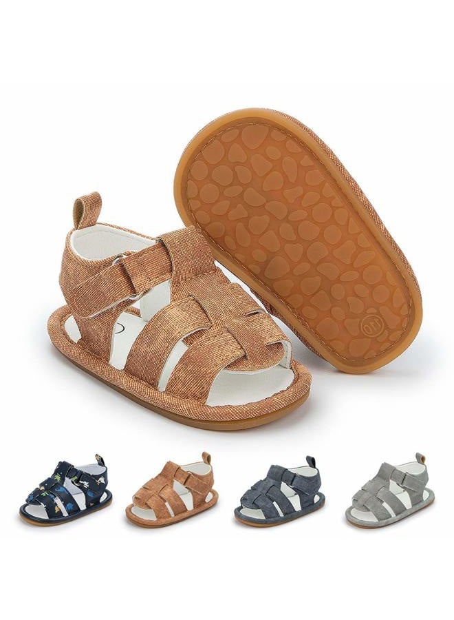 Meckior Summer Baby Sandals Newborn Infant Boys Soft sole Non-Slip First Walkers Shoes, A/Brown With Rubber Sole, 12-18 Months - Image 1