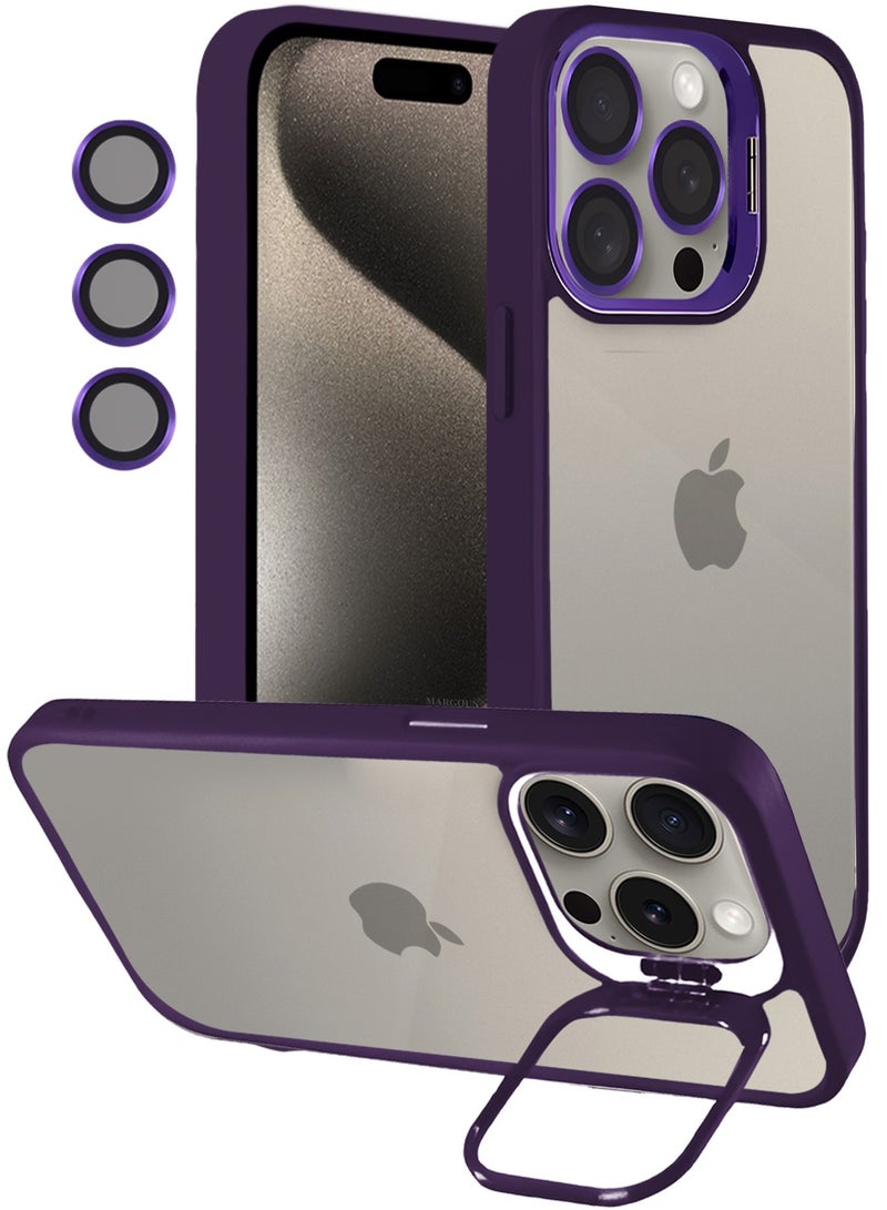CATANES Transparent Case Cover with Flip Bracket Stand for iPhone 15 Pro – Shockproof Clear Back Cover with Lens Protection - Purple - Image 1