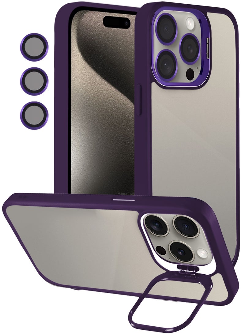 CATANES Transparent Case Cover with Flip Bracket Stand for iPhone 15 Pro – Shockproof Clear Back Cover with Lens Protection - Purple - Image 3