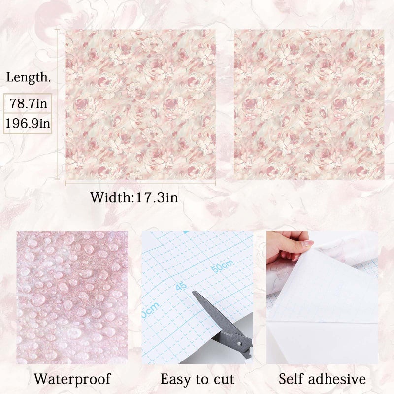 Hopepak Peel and Stick Wallpaper Floral Wallpaper Hand-Painted Pink Peony Flower Contact Paper Self Adhesive Removable Wall Paper Vinyl for Living Room Bedroom Bathroom Cabinets Wall Decor 17" x 78.7" - Image 5