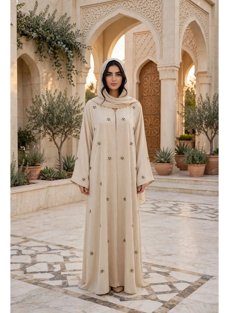 IKKXA Front Zip Abaya with Scattered Embellished Floral Motifs - Image 1