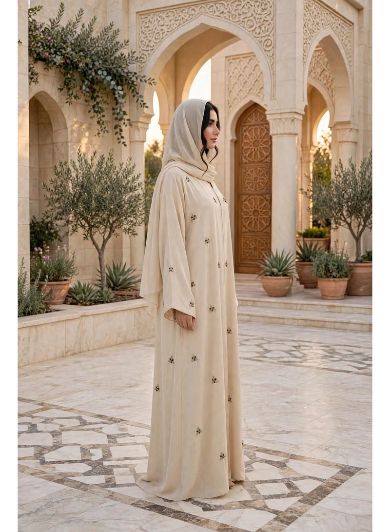 IKKXA Front Zip Abaya with Scattered Embellished Floral Motifs - Image 4