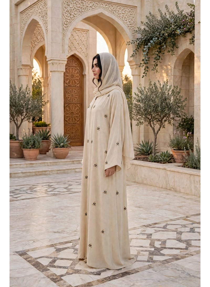 IKKXA Front Zip Abaya with Scattered Embellished Floral Motifs - Image 3