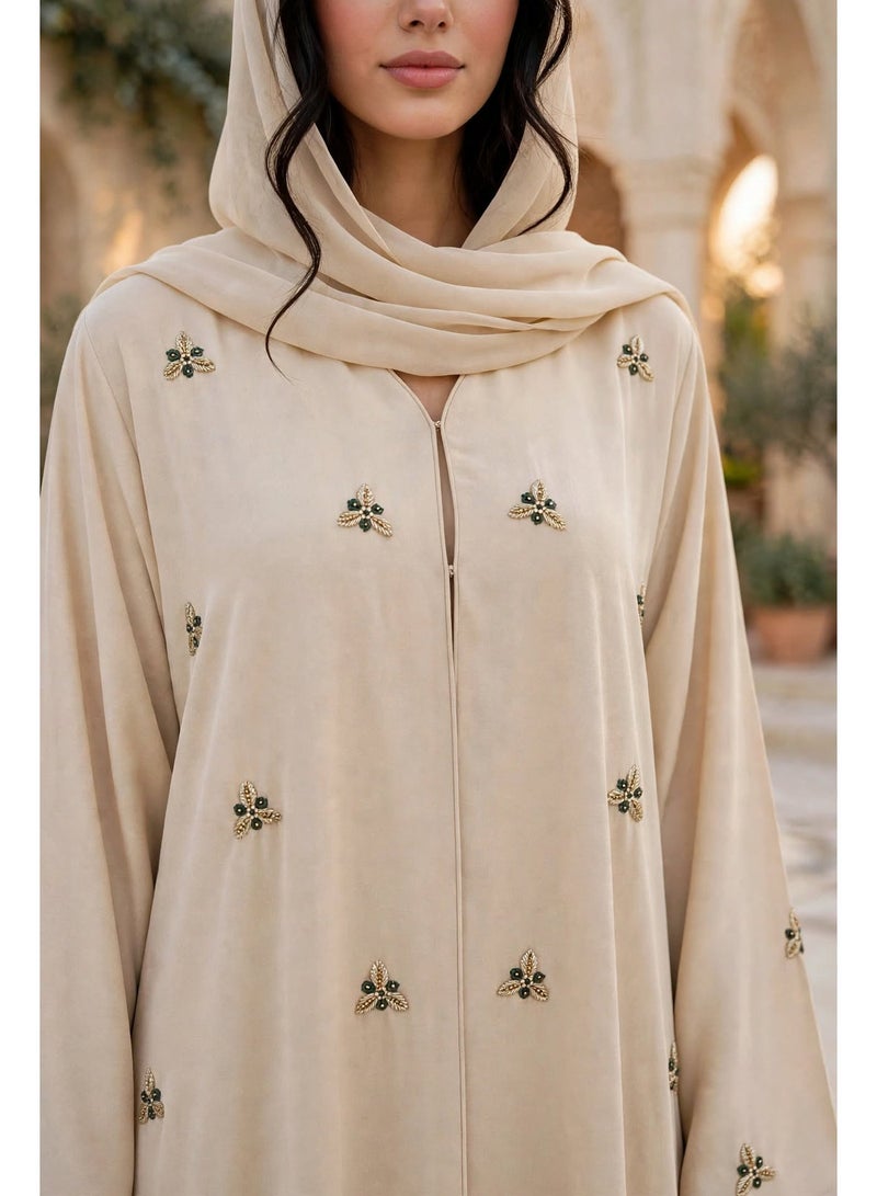 IKKXA Front Zip Abaya with Scattered Embellished Floral Motifs - Image 5