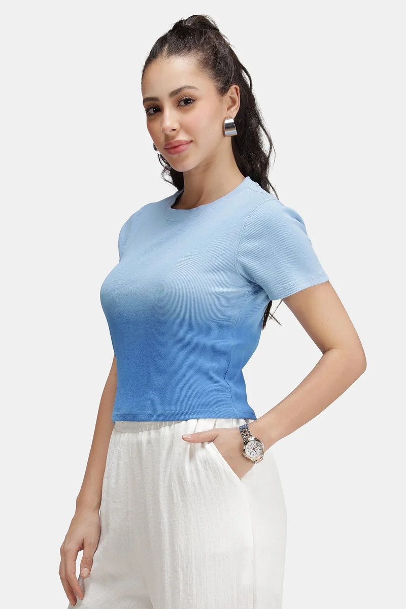 فيرجيو Solid Cotton Blue Ombre Dip Dye Rib Top for Women